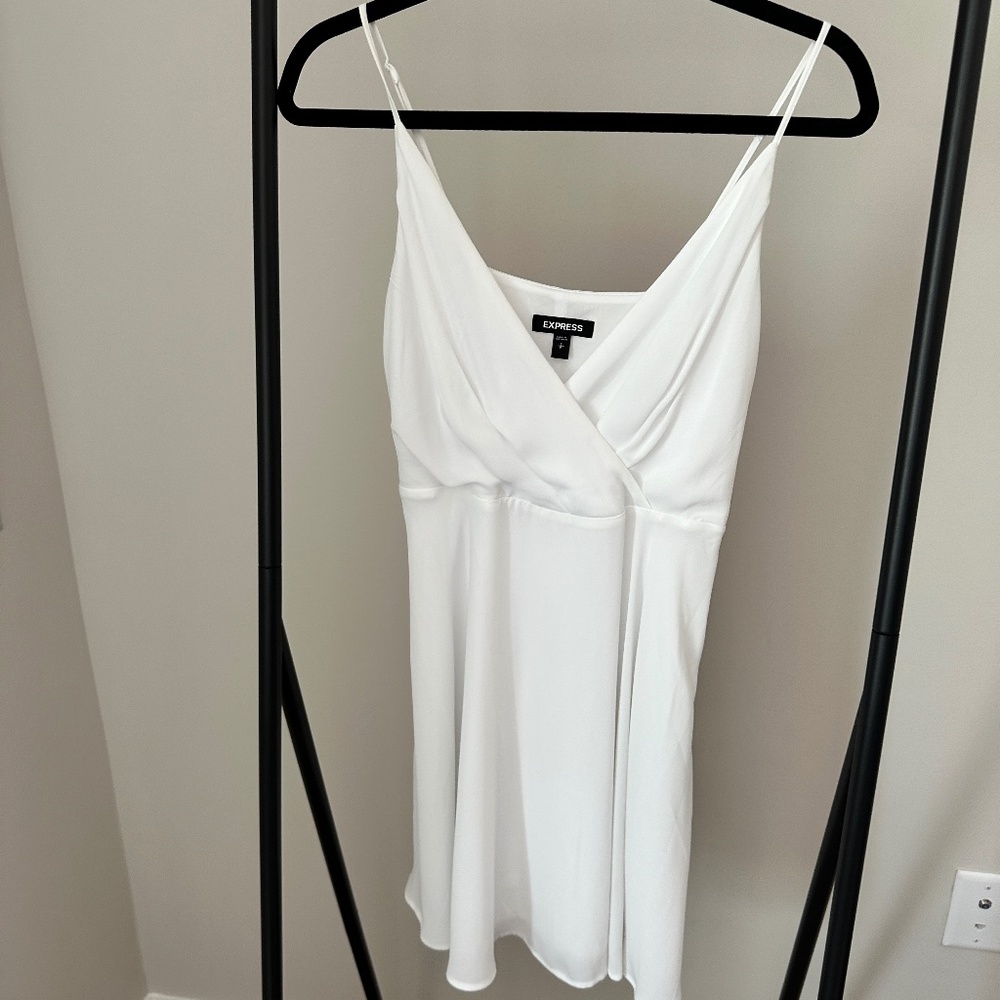 Express White Wrap Mini Dress with Spaghetti Straps – Bridal, Summer, or Casual